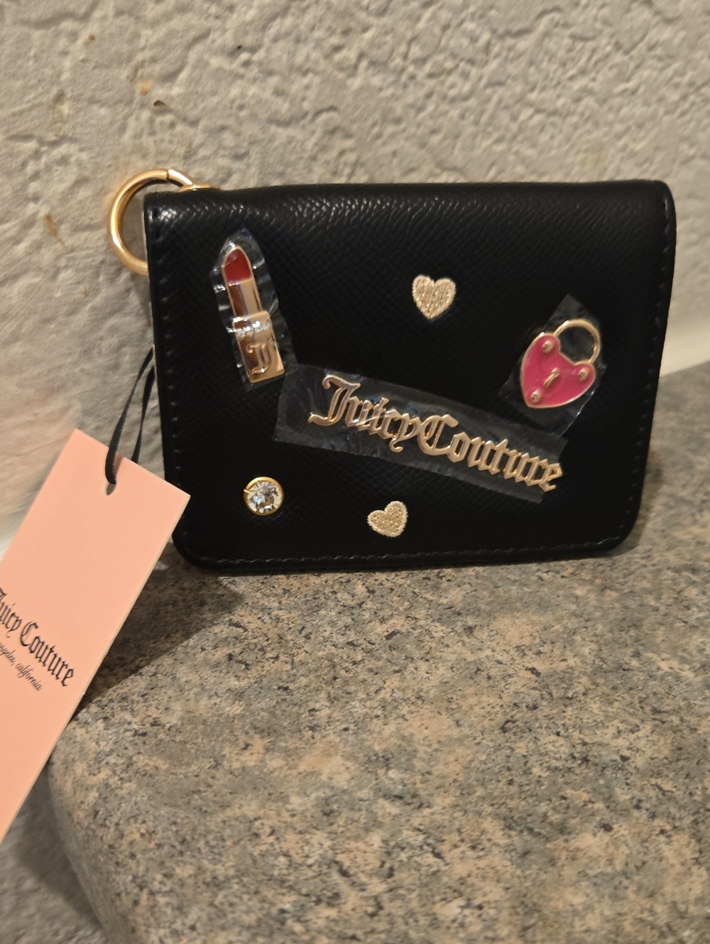 Juicy Couture Black Cardholder with Gold Logo and Pink Heart Charm NWT